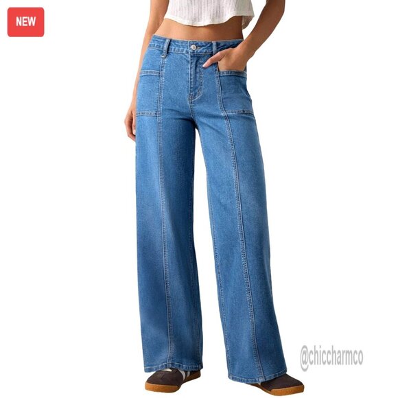 Denim - High Waisted Wide Leg Stretchy Denim Jeans Straight Leg Baggy Pants
